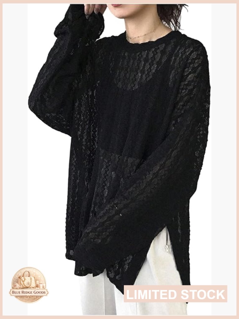 Oversized Lace Top Sheer Long Sleeve Crewneck Slit Hem Y2k Chic